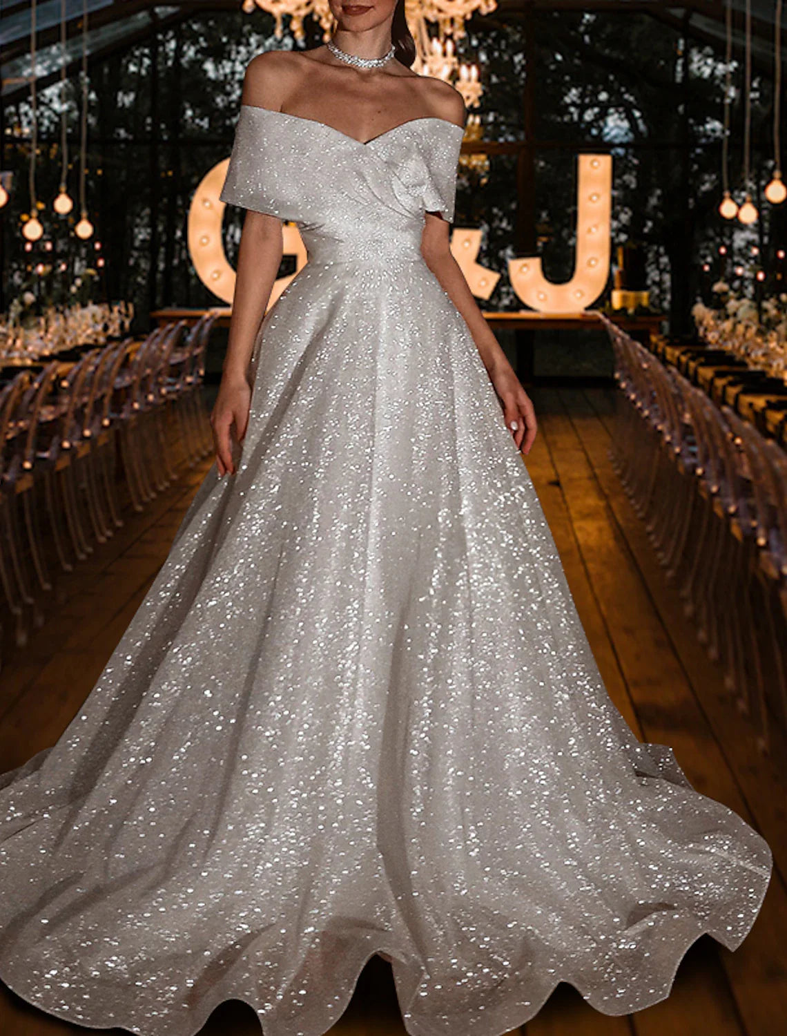 Hall Sparkle & Shine Simple Wedding Dresses A-Line Off Shoulder Cap Sleeve Sweep / Brush Train Sequined Bridal Gowns With Solid Color