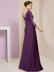 Sheath / Column Mother of the Bride Dress Formal Elegant Scoop Neck Floor Length Chiffon Lace 3/4 Length Sleeve with Flower