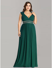 A-Line Plus Size Wedding Guest Prom Dress V Neck Backless Sleeveless Floor Length Lace with Crystals Beading