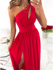 Women's Long Dress Maxi Dress Party Dress Homecoming Dress Swing Dress Pure Color Fashion Streetwear Outdoor Date Vacation Ruched Split Sleeveless One Shoulder Dress Regular Fit Black Red Green