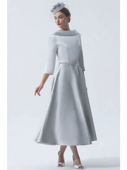 A-Line Mother of the Bride Dress Wedding Guest Vintage Plus Size Elegant Bateau Neck Tea Length Satin 3/4 Length Sleeve with Beading