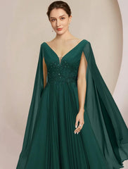A-Line Mother of the Bride Dress Formal Wedding Guest Elegant V Neck Floor Length Chiffon Lace Sleeveless with Pleats Sequin Appliques