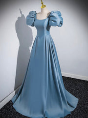 Blue Puff Sleeve Satin Floor Length Prom Dress, Blue A-Line Evening Party Dress