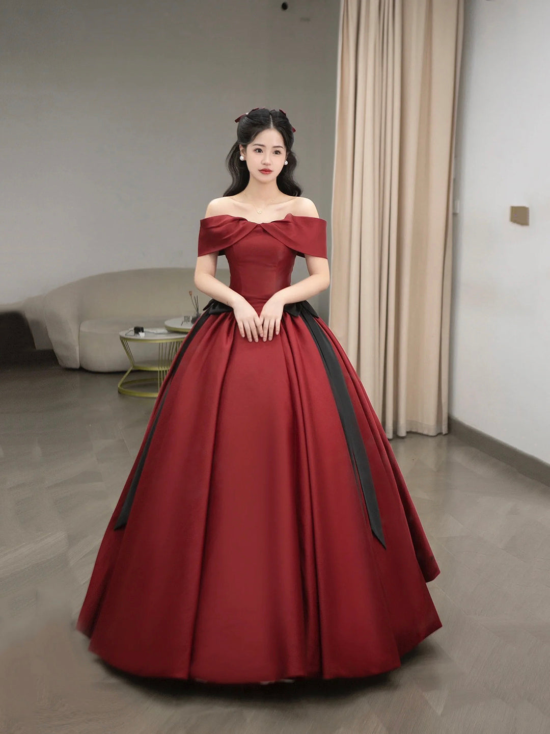 Burgundy Satin Long Prom Dress, Beautiful Off the Shoulder Evening Party Dress