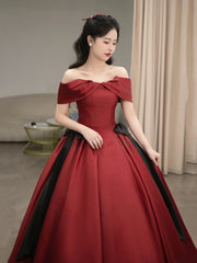Burgundy Satin Long Prom Dress, Beautiful Off the Shoulder Evening Party Dress