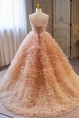 Beautiful Tulle Layers Long Prom Dresses, A-Line Spaghetti Straps Evening Dresses