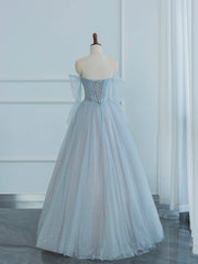 Dusty Blue Tulle Sequins Long Prom Dress, Off the Shoulder Long Sleeve Evening Party Dress
