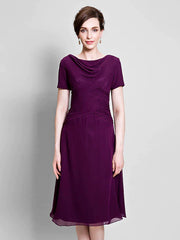 DingjiA-Line Mother of the Bride Dress Cowl Neck Tea Length Chiffon Short Sleeve with Ruched Side Draping