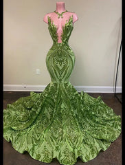 Mermaid Black Dress Evening Gown Elegant Dress Carnival Formal Court Train Sleeveless Illusion Neck African American Sequined with Sequin