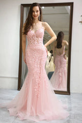 Wholesale Pink Mermaid Lace Up Back Long Corset Prom Dress With Appliques prom dresses with long sleeves