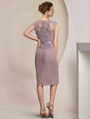 Two Piece Sheath / Column Mother of the Bride Dress Formal Wedding Guest Elegant V Neck Knee Length Chiffon Lace Sleeveless Jacket Dresses with Appliques Crystal Brooch