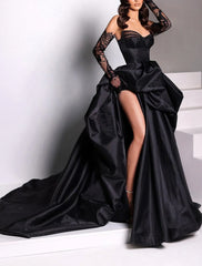 Aimishang A-Line Evening Gown Black Dress Plus Size Dress Carnival Masquerade Court Train Sleeveless Strapless Wednesday Addams Family Satin with Slit Pure Color Prom