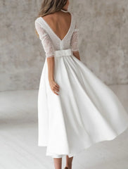 Bridal Shower Little White Dresses Wedding Dresses A-Line V Neck 3/4 Length Sleeve Tea Length Chiffon Bridal Gowns With Solid Color