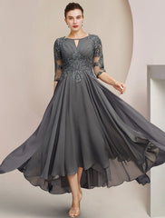 Aimishang A-Line Mother of the Bride Dress Formal Wedding Guest Elegant High Low Scoop Neck Tea Length Chiffon Lace Half Sleeve with Sequin Appliques