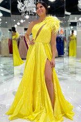 Pleated Feather One Shoulder Fuchsia Long Prom Dress