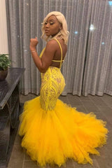 Yellow Mermaid Lace Puffy Tulle Open back Long Prom Party Gowns