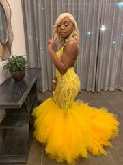 Yellow Mermaid Lace Puffy Tulle Open back Long Prom Party Gowns