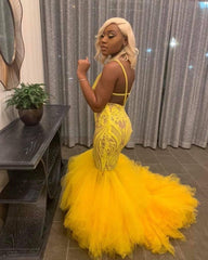 Yellow Mermaid Lace Puffy Tulle Open back Long Prom Party Gowns