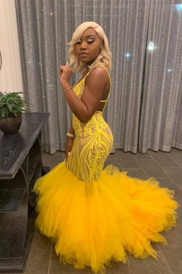 Yellow Mermaid Lace Puffy Tulle Open back Long Prom Party Gowns