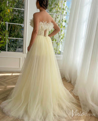 Yellow Ruffled Prom Dresses with Slit Off the Shoulder Formal Dress with Pockets TO028