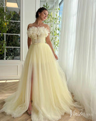 Yellow Ruffled Prom Dresses with Slit Off the Shoulder Formal Dress with Pockets TO028