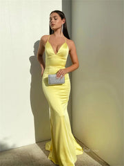Yellow Satin Mermaid Prom Dresses Spaghetti Strap V-neck Lace-up Back Evening Gown FD6056