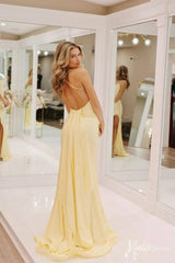 Yellow Satin Mermaid Prom Dresses with Slit Spaghetti Strap Open Back FD4082