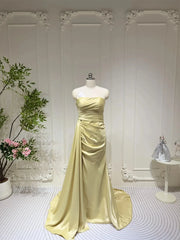 Yellow Satin Mermaid Prom Dresses with Tail, High Slit Strapless Formal Dresses FD4083