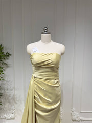 Yellow Satin Mermaid Prom Dresses with Tail, High Slit Strapless Formal Dresses FD4083
