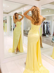 Yellow Satin Mermaid Prom Dresses with Tail, High Slit Strapless Formal Dresses FD4083