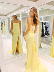 Yellow Satin Mermaid Prom Dresses with Tail, High Slit Strapless Formal Dresses FD4083