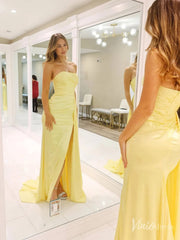 Yellow Satin Mermaid Prom Dresses with Tail, High Slit Strapless Formal Dresses FD4083