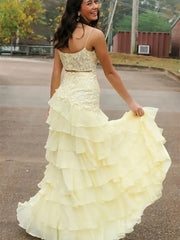 Yellow Spaghetti Strap Prom Dresses with Slit, Lace Bodice & Chiffon Tiered Bottom - FD3721