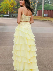 Yellow Spaghetti Strap Prom Dresses with Slit, Lace Bodice & Chiffon Tiered Bottom - FD3721