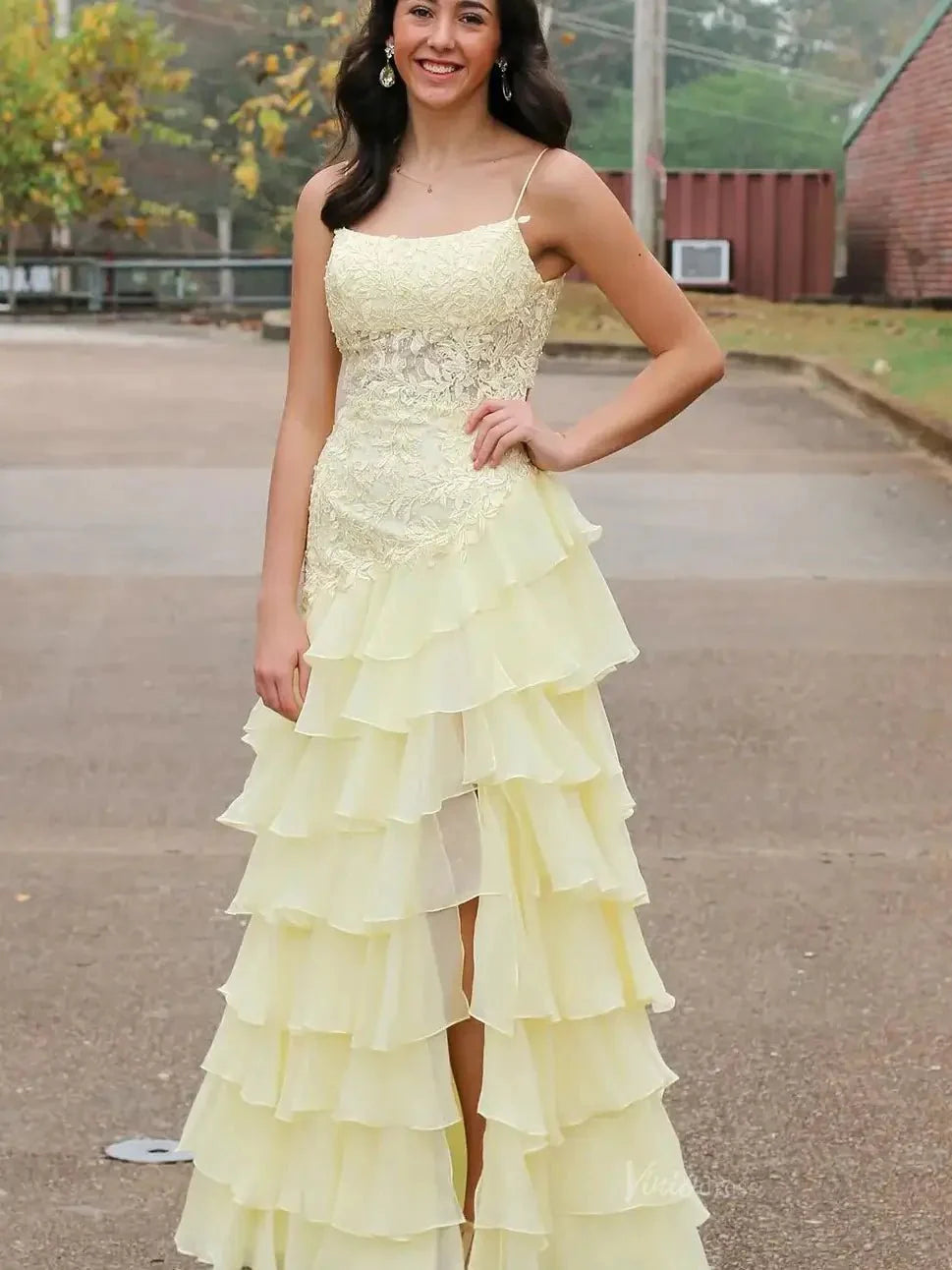 Yellow Spaghetti Strap Prom Dresses with Slit, Lace Bodice & Chiffon Tiered Bottom - FD3721
