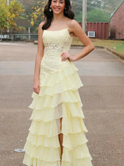 Yellow Spaghetti Strap Prom Dresses with Slit, Lace Bodice & Chiffon Tiered Bottom - FD3721