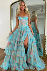 Yellow Strapless Chiffon A-Line Long Prom Dress with Floral