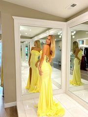 Yellow Strapless Satin Prom Dresses with Slit & Ruffled Neckline - FD6033