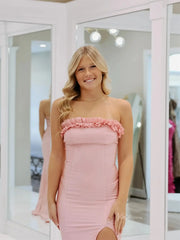 Yellow Strapless Satin Prom Dresses with Slit & Ruffled Neckline - FD6033