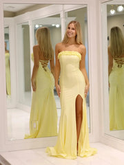 Yellow Strapless Satin Prom Dresses with Slit & Ruffled Neckline - FD6033