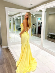 Yellow Strapless Satin Prom Dresses with Slit & Ruffled Neckline - FD6033