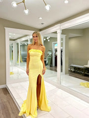 Yellow Strapless Satin Prom Dresses with Slit & Ruffled Neckline - FD6033