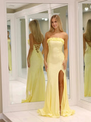 Yellow Strapless Satin Prom Dresses with Slit & Ruffled Neckline - FD6033