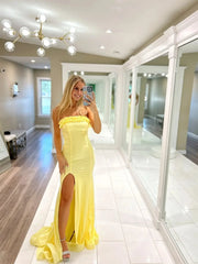 Yellow Strapless Satin Prom Dresses with Slit & Ruffled Neckline - FD6033