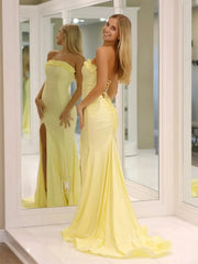 Yellow Strapless Satin Prom Dresses with Slit & Ruffled Neckline - FD6033