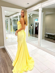 Yellow Strapless Satin Prom Dresses with Slit & Ruffled Neckline - FD6033