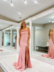 Yellow Strapless Satin Prom Dresses with Slit & Ruffled Neckline - FD6033