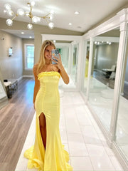 Yellow Strapless Satin Prom Dresses with Slit & Ruffled Neckline - FD6033