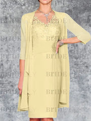 Two Piece Ruffle Chiffon Mother of the Bride Outfit Lace Short Wedding Guest Dress