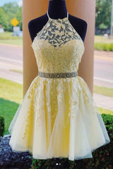 Lilac Lace Homecoming Dresses Beaded Belt Yellow Short A Line Hoco Dress